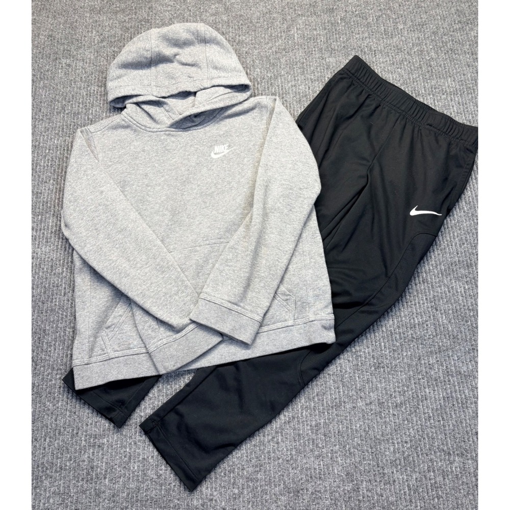 Nike Youth Medium Gray Fleece Hoodie and Black Athletic Pants Tracksuit Set